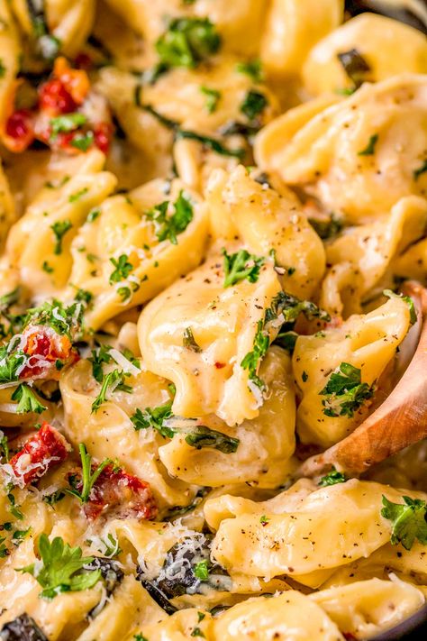 Tortellini Alla Panna is a simple, mouthwatering Italian pasta dish that covers store-bought tortellini in a homemade creamy parmesan sauce! Take your first bite of this incredible dinner recipe in just 40 minutes! Veal Tortellini Recipes, Tortellini Ala Pana Recipe, Refrigerator Tortellini Recipes, Tortellini Rose Sauce, Prosciutto Tortellini Recipes, Rose Tortellini, Pancetta Tortellini, Sauce For Tortellini Easy, Tortelinni Pasta Recipes