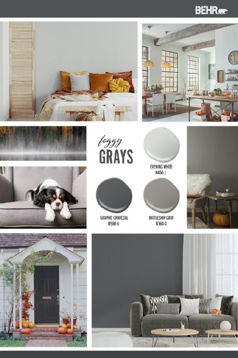 The fall season is well underway. Channel that cozy seasonal spirit in your home with a dark, moody shade of gray. BEHR® Paint in Graphic Charcoal, Battleship Gray, or Evening White are all a stylish choice. Click below to discover more neutral color palette inspiration. Best Bathroom Colors, Light Grey Paint Colors, Behr Colors, Color Of The Month, Behr Paint Colors, Light Gray Paint, Farmhouse Paint Colors, Adobe House, Behr Paint