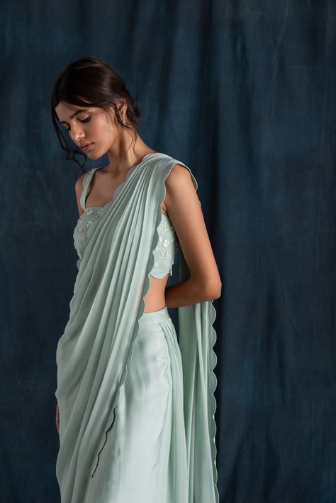 Mint Scallop Detail Pre-Stitched Saree - XL -  #Detail #Mint #PreStitched #saree #scallop Brocade Lehenga, Drape Sarees, Stitched Saree, Simple Saree Designs, Cotton Saree Designs, Modern Saree, Indian Saree Blouse, Indian Saree Blouses Designs, Simple Sarees