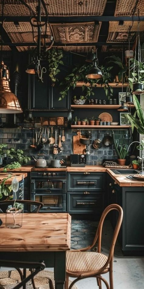 Moody Themed Kitchen, Goblincore Dining Room, Dark Apartment Aesthetic Kitchen, Boho Kitchen Black Cabinets, Dark Cozy Kitchen Aesthetic, Light Academia Aesthetic Interior Design, Dark Green And Brass Kitchen, Gothic Cottagecore Aesthetic Kitchen, Moody Minimalist Kitchen