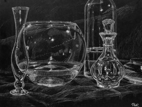 Glass Drawing Black Paper, Janet Fish, White Charcoal On Black Paper, Charcoal On Black Paper, Black Sketchbook, Black Background Painting, Drawing Charcoal, Black Paper Drawing, Reflection Photography