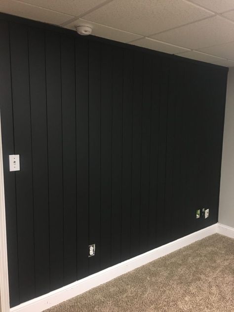 Shiplap Gym Wall, Dark Vertical Shiplap Wall, Black Panels Wall, Charcoal Vertical Shiplap, Black Stained Shiplap, Black Vertical Shiplap Bedroom, Black Accent Wall With Gray Walls, Scandinavian Shiplap Wall, Black Vertical Shiplap Wall