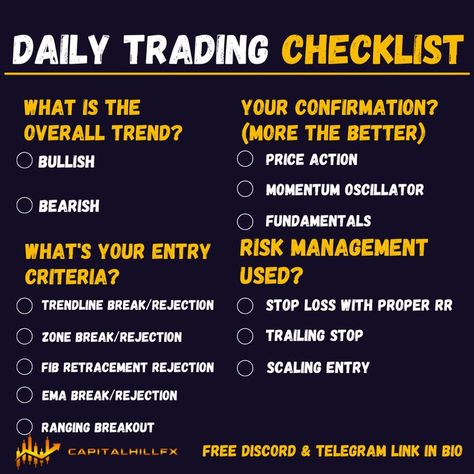 Having an objective-based trading system helps relieve some of the emotions involved with trading. Use this checklist as a reference for what criteria should be addressed in your objective-based system. 🔗 Click the link in our bio to join the FREE Discord Server & FREE Telegram Channel. 👉Don’t forget to follow @capitalhillfx on Instagram for more tips and updates! Trading Strategy Tips, Qml Trading, Forex Trading Checklist, Trading Technical Analysis, What Is Trading, Trading Checklist, Stock Options Trading, Trading Plan, Forex Trading Strategies Videos