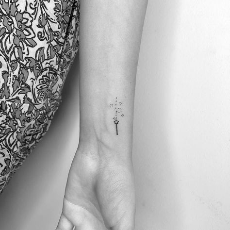 Magic Tattoos, Wand Tattoo, Hp Tattoo, Minimal Tattoos, Wand Magic, Explore Tattoo, Tattoos For Women Half Sleeve, Magic Tattoo, Small Girl Tattoos