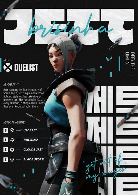 JETT POSTER VALORANT Valorant Poster Aesthetic, Valorant Poster Design, Valorant Graphic Design, Game Poster Ideas, Character Card Design, Valorant Design, Game Magazine, Valorant Art, Valorant Poster