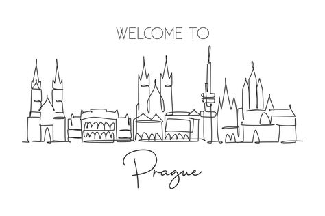 One Continuous Line Drawing, Skyline Drawing, World Landscape, Prague City, Vacation Scrapbook, Single Line Drawing, Continuous Line Drawing, Travel Stickers, Single Line