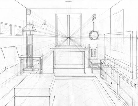 One Point Perspective Drawing Interior, Two Point Perspective Drawing, One Point Perspective Room, Room Perspective Drawing, 1 Point Perspective Drawing, Perspective Room, 1 Point Perspective, Room Drawing, Perspective Sketch