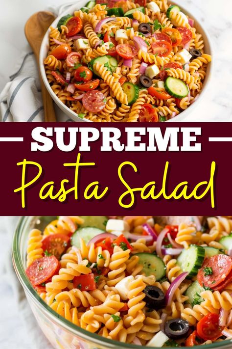 This supreme pasta salad will be the hit of any potluck! It's full of veggies, pepperoni, cheese, pasta, and a tangy Italian dressing. Salad Seasoning Pasta Salad, Pasta Salad Recipes With Italian Dressing And Salad Supreme, Pasta Salad With Mccormick Salad Supreme, Pasta Salad With Pepperoni And Cheese, Mccormick Salad Supreme Seasoning Recipe, Pasta Salad With Peppers, Mccormick Salad Supreme Pasta Salad, Viral Pasta Salad, Spagetti Salad Recipes Cold