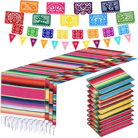 PRICES MAY VARY. Mexican Party Decorations: you will receive 10 pieces of Mexican table runners, 1 set of 9 large felt Picado banners, 1 set of 12 Mexican pennant banners, and 1 set of 8 small Picado banners, 13 pieces in total, which is enough for you to use in your everyday life and at parties, and you can change them as you like or share with others Mexico Theme Designs: these Mexican decorations feature classic Mexican elements, the table runners are designed in striped patterns with tassels Mexican Theme Party, Picado Banner, Mexican Theme Party Decorations, Blue Toys, Mexican Table Runner, Papel Picado Banner, Mexican Party Decorations, Mexican Table, Fiesta Birthday Party