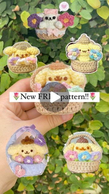 🌟💗Abrigurumi💗🌟 on Instagram: "🌷NEW FREE PATTERN!!🌷 This pompompurin in a flower basket pattern is perfect for this season!!!💛 Thank you so much to all of my testers, they did an amazing job testing the pattern and creating such adorable pompompurins!!!💕💕💕💕 THE PATTERN IS PINNED ON MY PROFILE!!!🫶🫶 . . 🏷️  #freeamigurumipatterns #freepatterncrochet #freepattern #pompompurin #pompompurinlover #sanrio #crochet #crochetamirigumi #abrigurumi" Pompompurin Crochet Pattern Free, Cute Mini Amigurumi Free Pattern, Pompompurin Crochet Free Pattern, Free Sanrio Crochet Patterns, Crochet Pictures Art, Sanrio Crochet Pattern, Sanrio Crochet Free Pattern, Crochet Pompompurin, Flower Basket Crochet