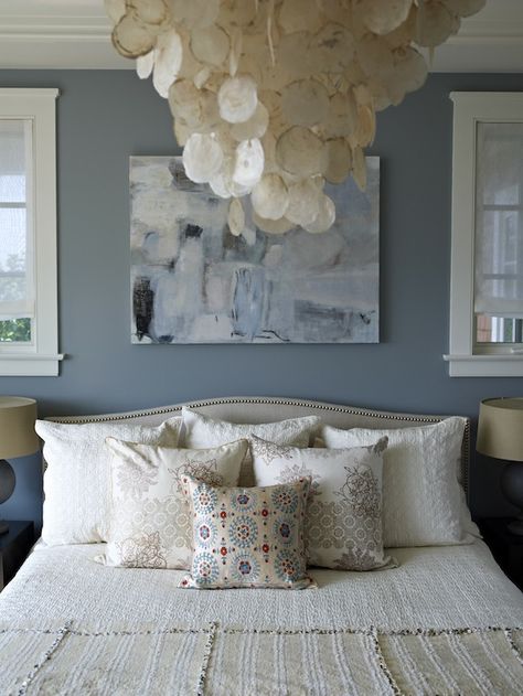 blue bedroom #toomanypillows Art Over Bed, Blue Painted Walls, Blue Bedroom Walls, Blue Bedroom Design, Blue Bedroom Decor, Grey Bedroom, Above Bed, Décor Boho, Gray Bedroom