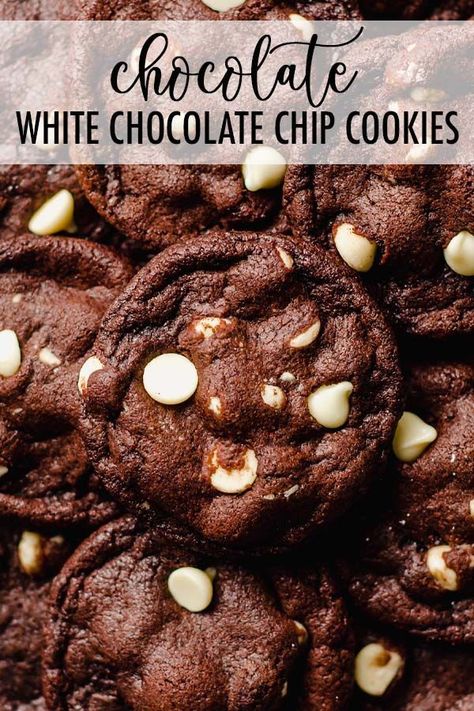 Chocolate White Chocolate Chunk Cookies: Simple chocolate cookies filled with creamy chunks of white chocolate. This chocolate white chocolate chip cookie recipe is sure to be a holiday favorite but it's also good all year long. | chocolate white chocolate chip cookies recipe | chocolate white chocolate chip cookies recipes | chocolate cookies with white chips | chocolate cookies with white choc chips | chocolate cookies with white chocolate | chocolate cookies with white chips easy Chocolate White Chocolate Chip Cookies, White Chocolate Chip Cookies Recipes, Drop Sugar Cookies, Chocolate Chip Pecan Cookies, Chewy Chocolate Cookies, Homemade Vanilla Extract, White Choc, White Chocolate Chip, White Chocolate Chip Cookies