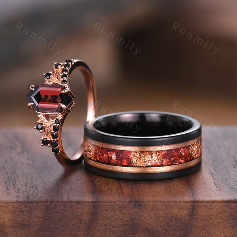 Here we have a Vintage garnet couples ring set rose gold matching promise ring His and Hers wedding band Mens ruby tungsten ring anniversary ring gifts ITEM DESCRIPTION ✦ Handmade, high-quality item! ✦ Material: Sterling Silver/Solid Gold/Tungsten ►Sold as a two-piece set ►His ring is Black Tungsten Carbide with rose gold leaf and ruby inlay. ►His band width: 8mm ►His tungsten ring will not turn green itself and will not cause your skin to turn green.  ✦ Durable - Incredibly Scratch-Resistant to Couples Rings Matching, Wedding Ring Set Gold, Matching Promise Rings, Wedding Orange, Couples Ring, Matching Wedding Rings, Couples Ring Set, Ruby Wedding, Ring Gifts