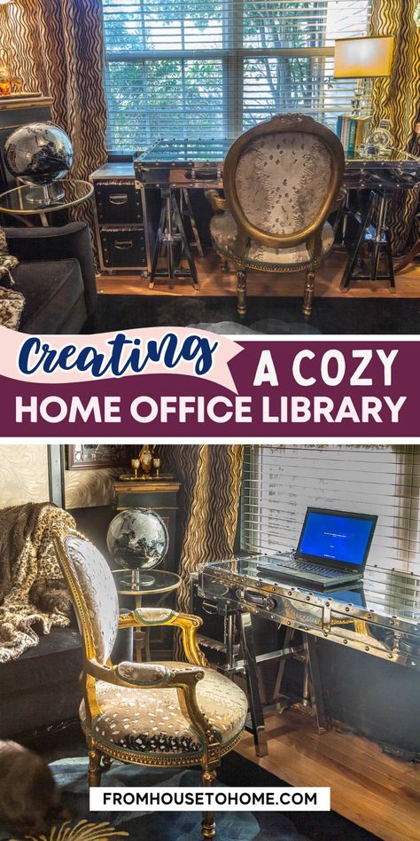 Creating a cozy home office library. Small Home Office Library, Bookshelf Small Space, Floor To Ceiling Bookshelves, Faux Tin Ceiling Tiles, Sewing Room Storage, Home Office Library, Picture Molding, Desk Black, Cozy Home Office