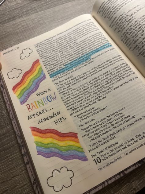 Rainbow Means Gods Promise, Bible Art Journaling Genesis, Color Coordinated Bible, Rainbow God's Promise, The New Testament Bible Journaling, Bible Journaling Genesis Ideas, Rainbow Bible Journaling, Christian Rainbow Tattoo, New Testament Art