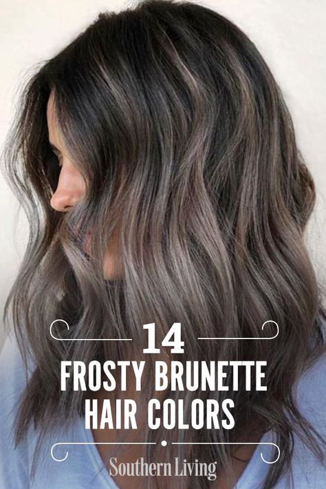 Brown Hair Colors To Hide Grey, New Fall Hair Colors 2022 Brunette, Brunette With Gray Hair, Brunette And Grey Hair, Hair Color For Brunettes With Gray, Best Color To Cover Grey Hair For Brunettes, Hair Color Winter 2022, Hair 2023 Trends Women Brunette Color To Cover Grey, Smoky Hair Color Brown