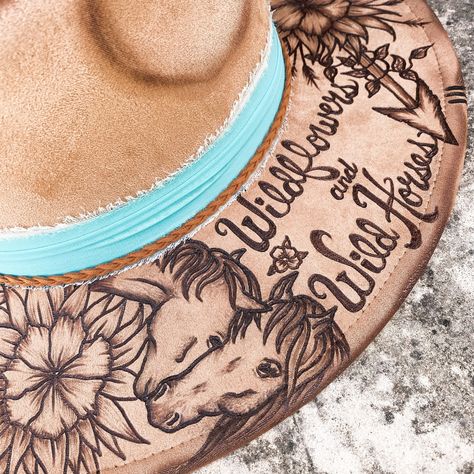 Best selling Wildflowers & Wild Horses inspired hat 🫶🏻 . . . #laineywilson #wildchild #country #western #handburned #custom #original #hatstyle #cute #horselover Custom Cowgirl Hat Ideas, 30th Birthday Outfit, Burned Hats, Rodeo Hat, Pyrography Ideas, Hat Burning, Custom Cowboy Hats, Lainey Wilson, Fox Hat