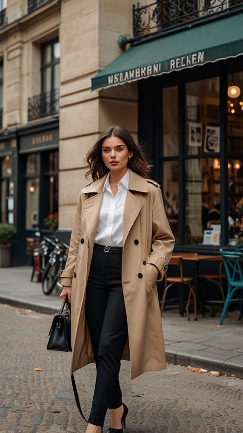 A tailored beige trench coat, crisp white blouse, and high-waisted black trousers create an elegant European street look. Paired with black leather loafers, a sleek crossbody bag, and a silk scarf, this outfit captures effortless Parisian charm against a café-lined cobblestone street. #ParisianChic #StreetStyle #TimelessFashion #EffortlessElegance Trench Coat Parisian Style, Parisian Trench Coat Outfit, Black Crossbody Bag Outfit, Beige Coat Outfit, High Waisted Black Trousers, Crossbody Bag Outfit, Cobblestone Street, Parisian Outfits, Crisp White Blouse