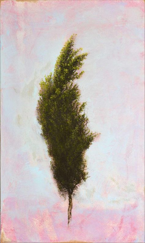 Robert Marchessault, 'Abbrugio', abstract realist cypress tree painting with pink, sky blue, green, 2018 Cypress Trees Drawing, Cypress Tree Painting, Cypress Tree Tattoo, Italy Tattoo, Tree Oil Painting, Greek Paintings, Tree Painting Canvas, Oil Paint On Wood, Walls Art