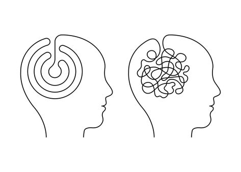 Head mind people with scheme and confused thinking brain, continuous line. Disorder, chaos, confusion and order, mental balance, calm in thoughts. Logic and creative thinking. Vector illustration Head Brain Illustration Art, Confusion Illustration, Nursing Art, Confused Mind, Think Logo, Brain Illustration, Mental Balance, Head Drawing, Nurse Art