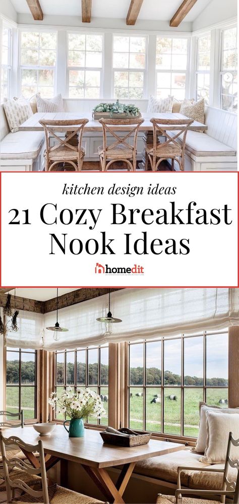 Need some cozy breakfast nook design ideas for your kitchen? Check out our collection of 21 perfect breakfast nook ideas in every style, including benches, sitting areas, built-ins, banquettes, and more. Discover the ideal modern breakfast nook decor ideas for your kitchen. Bay Window Breakfast Nook Ideas, Nook Decor Ideas, Breakfast Nook Sitting Area, Breakfast Banquette, Nook Design Ideas, Breakfast Nook Decor, Built In Breakfast Nook, Cozy Kitchen Nook, Modern Breakfast Nook