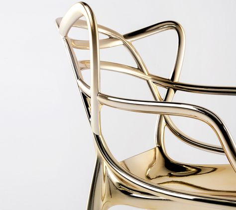 PRECIOUS KARTELL: PHILIPPE STARCK REIMAGINES THE MASTERS CHAIR Kartell Masters Chair, Masters Chair, Gold Chair, Furniture Ads, Metal Chair, Chaise Design, Milan Design Week, Philippe Starck, Metal Chairs