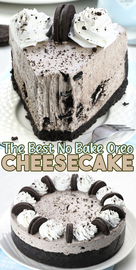 Close-up of a slice of creamy no-bake Oreo cheesecake with an Oreo cookie crust, topped with whipped cream and crushed Oreos, served on a white plate. Quick Oreo Cheesecake, Bake Off Dessert Ideas, Oreo Cheesecake No Bake Easy, Homemade Oreo Cheesecake Recipes, Easy Dessert Recipes With Oreos, Homemade Oreo Cheesecake, Oreo Cheesecake Bites No Bake, Oreo Crust Cheesecake Recipes, Desserts For Family Gatherings