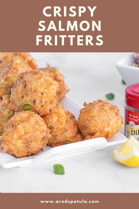 Are you looking for the perfect salmon recipe? This is it. These fritters are crispy on the outside and perfectly tender on the inside. They are a wonderful way to use canned salmon. Click now or pin for later! Canned Salmon And Cream Cheese Recipes, Things To Make With Canned Salmon, Canned Salmon Nuggets, Ways To Use Salmon, Canned Salmon Meatballs, Uses For Canned Salmon, Salmon Can Recipes, Ways To Use Canned Salmon, Seafood Frittata Recipes