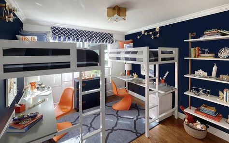 Gray Loft Beds with Gray Built In Staircase - Cottage - Boy's Room Teen Boy Shared Room, Boys Loft Bedroom, Boys Loft Beds, Twin Boys Room, Twin Boys Bedroom, Vintage Vibes Retro, Shared Boys Rooms, Boys Shared Bedroom, Teenage Boy Room