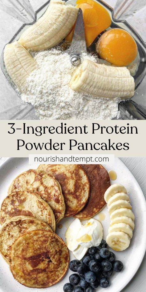 A picture of the ingredients needed for protein pancakes including banana, protein powder and eggs. Banana Pancakes With Protein Powder, Protein Powder Easy Recipes, Extra Protein Meals, 3 Ingredient Protein Waffles, High Protein Breakfast Bariatric, Banana Protein Pancakes 3 Ingredients, Protein Packed Pancakes, Iso Protein Powder Recipes, High Protein Kids Breakfast Ideas