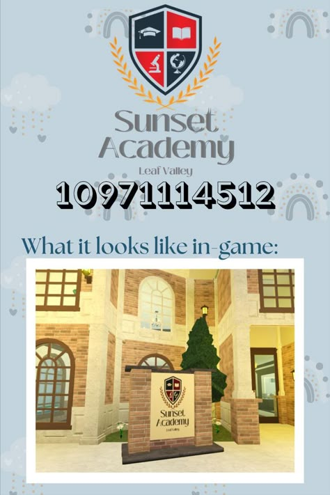 I'd like to note that I took reference and inspiration from the academy of Pandalemontart<3 enjoy this school logo for yourself! (IT IS A TRANSPARENT IMAGE, SO MAKE SURE TO COLOR WHATEVER IT IS AGAINST!) #bloxburg #bloxburgdecal #roblox #bloxburgschool Blox Burg School Ideas, Bloxburg Town Names Ideas, Bloxburg Geography Codes, Club Roblox Image Id Codes For School, Royal River Academy Bloxburg, School Signs Bloxburg, School Name Codes Bloxburg, Aesthetic School Bloxburg, Welcome To Bloxburg Logo