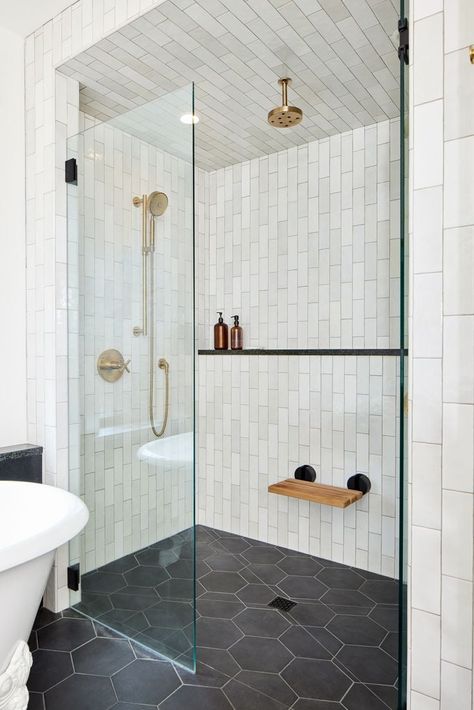 15 Stunning Black Tile Bathroom Floor Ideas - Nikki's Plate White Walls Black Floor Bathroom, White Floor Black Walls Bathroom, Black Floor White Tile Bathroom, White Subway Bathroom Tile Ideas, Shower Separate From Bathroom, Black Floor White Shower Bathroom, Shower Black Floor White Walls, Dark Floor Master Bath, Boy Bathroom Design