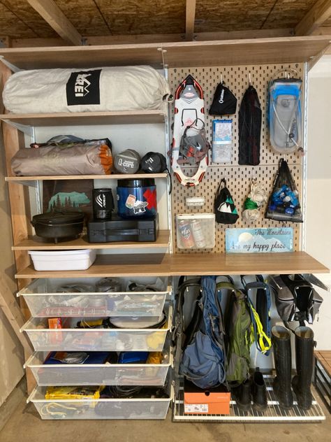 Camping Gear Wall Storage, Organizing Fishing Gear, Camping Gear Room Ideas, Camping Gear Storage Room, Hiking Gear Storage Wall, Hiking Gear Closet, Ambulance Organization, Storage Camping Gear, Gear Shed Organization Ideas