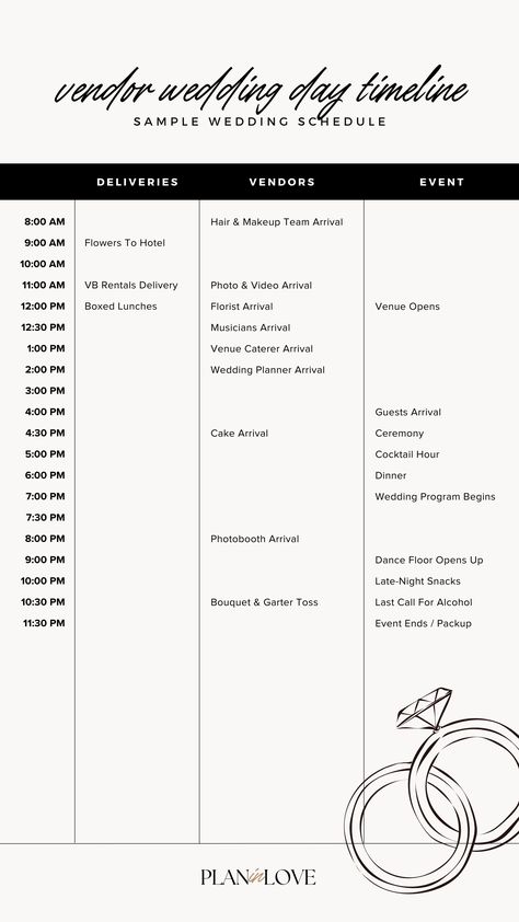 vendor wedding day timeline | wedding day template  | wedding day moments | wedding planning tools  | wedding planning | wedding journey | wedding | plan in love Wedding Vendor Timeline, Wedding Day Timeline For Bridal Party, Wedding Vendors List, Wedding Vendor Tip Guide, Day Of Wedding Coordinator Duties, Waffley Wedded, Wedding Coordinator Duties, Wedding Binders, Wedding Vendor List