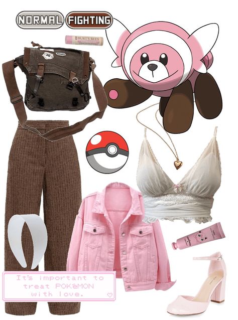 Pokemon Trainer Inspired Outfits, Sylveon Inspired Outfit, Pokemon Aesthetic Outfit, Pokemon Outfit Aesthetic, Pokemon Themed Outfits, Fairy Pokemon Aesthetic, Pokemon Outfits Trainer, Stufful Pokémon, Pokemon Trainer Outfit Ideas