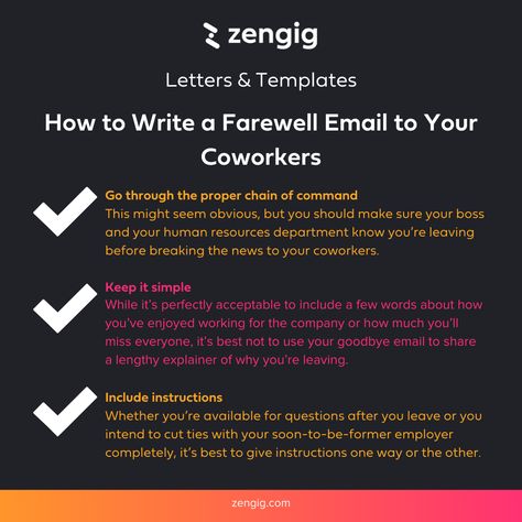 If you are leaving your workplace, make a good final impression by sending your coworkers a farewell email! 📩 You can use one of our sample templates to help guide you: https://bit.ly/3wDXWnF #email #howto #writingtips #tips #careeradvice #helpful #jobs Goodbye Email To Coworkers, Farewell Email, Goodbye Email, Goodbye Message, Farewell Message, Business Etiquette, Chain Of Command, Wish You The Best, Letter Templates