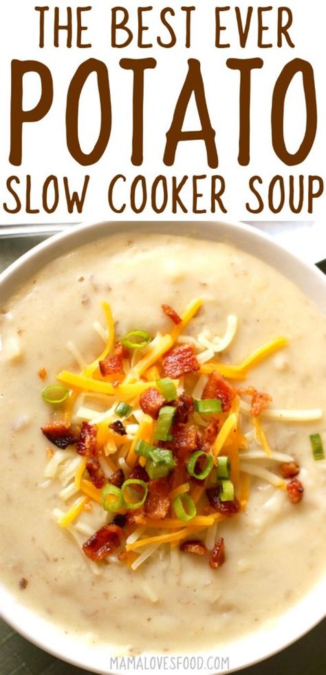 Loaded Baked Potato Soup for the Slow Cooker Loaded Baked Potato Soup Recipe, Meals Crockpot, Baked Potato Soup Recipe, Soup Crockpot, Weight Watcher Desserts, Slow Cooker Potato Soup, Slow Cooker Potatoes, Loaded Potato Soup, Loaded Baked Potato Soup