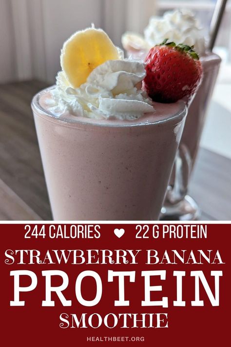 Strawberry Banana Protein Shake, Strawberry Banana Protein Smoothie, Vanilla Protein Shake Recipes, Whey Protein Smoothies, Health Beet, Frozen Recipes, Banana Protein Shake, Protein Dessert, Banana Protein Smoothie