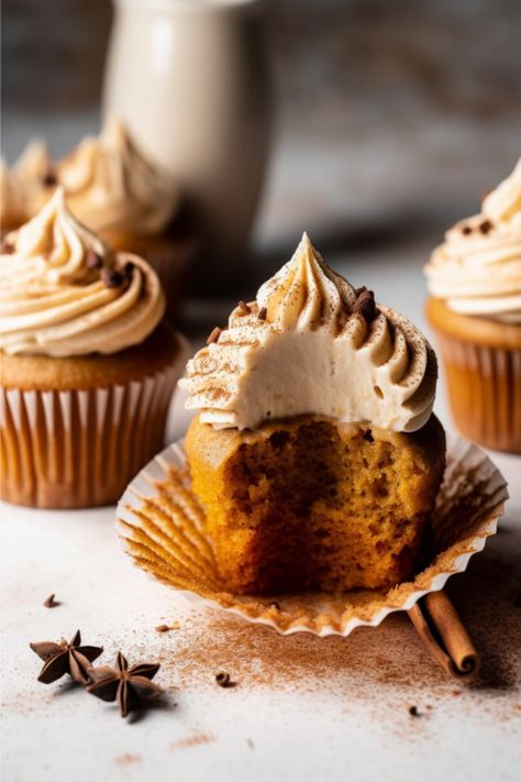 Indulge in the flavors of fall with these Gluten-Free Vanilla Chai Pumpkin Latte Cupcakes topped with Cinnamon Brown Sugar Frosting. This recipe aligns with the Whole Health Flexi-Plan, offering a healthier, gluten-free alternative without compromising on taste. Vanilla Chai Pumpkin Latte Cupcakes, Chai Pumpkin Cupcakes, Gluten Free Chai Cupcakes, Pumpkin Chai Latte Cupcakes, Pumpkin Chai Cupcakes, Gluten Free Halloween Cupcakes, Fall Inspired Cupcakes, Gluten Free Fall Desserts, Pumpkin Latte Cupcakes