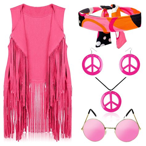 PRICES MAY VARY. Plastic, Fabric Pull On closure 🌸【Hippie Outfits for Women】: You will get is a set of hippie costume women, includes 1 x sleeveless vest cardigan, 1 hippie headband, 1 pink peace sign necklace, peace sign earrings and hippie glasses. The fringed vest paired with hippie accessories, perfect for dressing your 60s and 70s retro look. They will bring you new surprises! 🌸【Nice Fringe Vest】: The hippie fringe vest with well constructed, made of faux suede fabric, sleeveless, and wit 60s 70s Outfits, Christmas Performance, Hippie Glasses, Quick Costumes, Peace Sign Earrings, Hippie Accessories, Hippie Headbands, 70s Look, Vest Cardigan