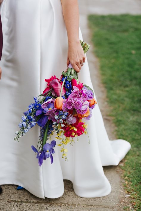 A bright and colourful bridal bouquet made by Anatomy of Flowers for a wedding. Bright And Colourful Bridal Bouquet, Wedding Bouquets Bride Colorful, Bright Wedding Flowers Bouquet, Rainbow Bridal Bouquet, Bright Summer Wedding Bouquets, Wedding Bouquet Colourful, Bright Spring Wedding Flowers, Vibrant Bridal Bouquet, Colourful Bouquet Wedding