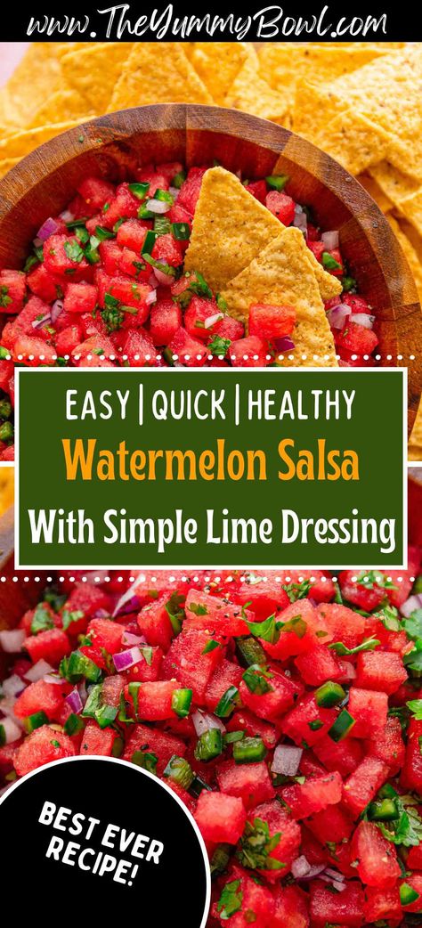 Fresh, vibrant watermelon salsa combines juicy watermelon, zesty lime, and crunchy veggies for a refreshing summer dip or topping. Perfect fruity salsa for tacos or chips! Salsa For Tacos, Watermelon Dip, Watermelon Salsa Recipe, Cheap Appetizers, Fruity Popsicles, Summer Dip, Crunchy Veggies, Watermelon Salsa, Strawberry Salsa