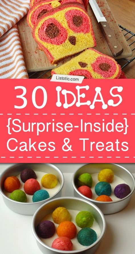 30 Different cakes and sweets with treats hidden on the inside to surprise your friends and guests. Cake Decorating Tips, Surprise Inside Cake, Inside Cake, Surprise Cake, Treat Ideas, Ideas Food, Different Cakes, Awesome Cakes, Cookie Cake