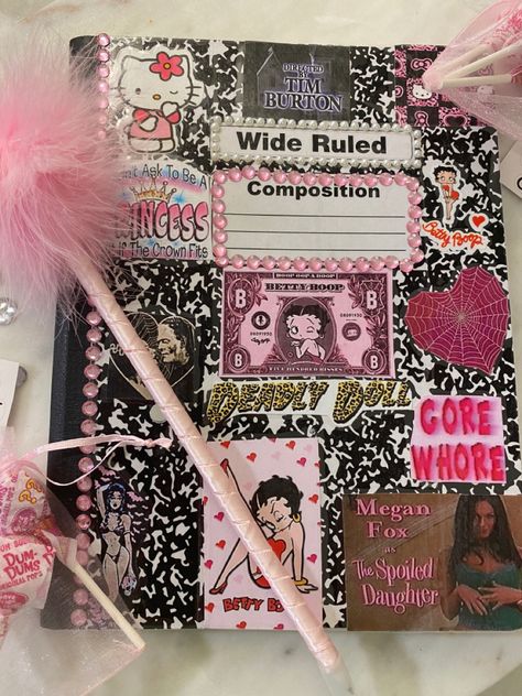 Decorate Folders For School, Mcbling Notebook, 2000s Scrapbook Aesthetic, Girly Diary Aesthetic, 2000s Journal Aesthetic, 2000s Journal, Y2k Journal Aesthetic, Dear Diary Aesthetic, Y2k Scrapbook