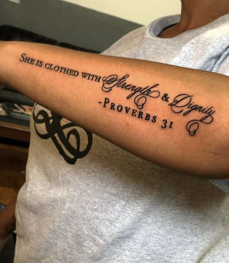 Script Tattoos For Women Arm, Confidence Symbol Tattoos For Women, Bible Verse Tattoo Ideas Female, Bible Script Tattoos For Women, Proverbs 3 5 6 Tattoo Arm, Leg Tattoos Women Bible Verse, Scripture Tattoos Black Women Forearm, Big Word Tattoos On Arm, Bible Scripture Tattoos For Women Arm