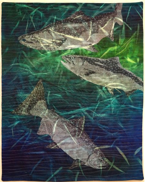 Sacramento River Chinook by Martha Wolfe.  Inspirations II exhibit at the San Jose Museum of Quilts & Textiles 2016. Collage Quilting, National Quilt Museum, Ocean Quilt, Patchwork Quilting Designs, Fish Quilt, Sea Quilt, Landscape Art Quilts, Sacramento River, Nature Collage