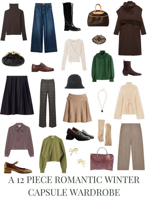 A white background with 12 pieces and accessories for A 12 Piece Romantic Winter Capsule Wardrobe. Romantic Capsule Wardrobe, Feminine Capsule Wardrobe, Finding Me, Capsule Wardrobe Women, Winter Capsule, Winter Capsule Wardrobe, Autumn 2024, Still Working, Work Wardrobe