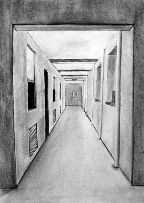 Also when you were very young you drew a scene of a roadway with perfect perspective. One Point Perspective Drawing Hallway, 1st Person Point Of View Drawing, One Point Perspective Hallway, Space Perspective Drawing, Illusionary Space, Corridor Drawing, Vanishing Point Drawing, Hallway Drawing, Pictorial Drawing