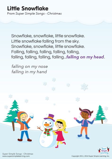 Little Snowflake Lyrics Poster - Super Simple January Songs, Christmas Songs For Toddlers, Winter Songs For Kids, Snowflake Song, Ladybug Activities, Preschool Christmas Songs, A3 Size Paper, Christmas Concert Ideas, Kindergarten Esl