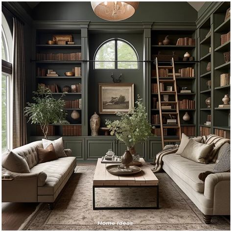 Green And Brown Library, Moody Office Bookshelves, Olive Green Study Room, Interior Design Library Home, Modern English Living Room Design, Library Style Living Room, Modern Antique Interior, All Green Library, Library Office Paint Colors